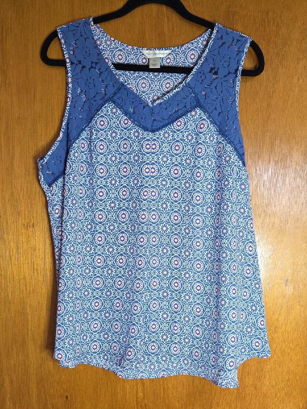 Christopher & Banks Blue Lace-Trim Printed Sleeveless Camisole